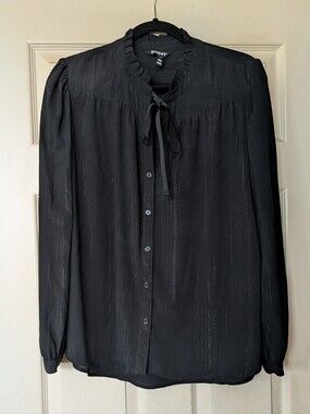 DKNY Metallic-Striped Tie-Neck Long Sleeve Blouse Size XL